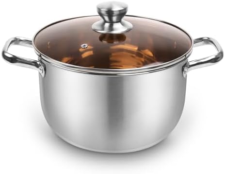 6 Quart Stock Pot, Stainless Steel Pasta Pot with Tempered Brown Glass Lid for...