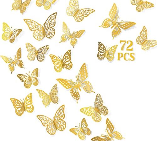 72 Pcs Butterfly Wall Decor Stickers, 6 Styles Gold Butterfly Decorations, 3 Sizes 3D Butterfly...