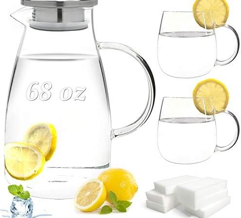 (9 PCS) Glass Pitcher Gift Set Borosilicate 2.0 Liter 68 Ounces Glass Pitcher with Lid and 2...