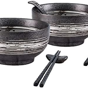 ARDOUR VAN Ramen Bowl Set with Spoons, Chopsticks, Rests (8 pc) - Professional Grade Porcelain,...