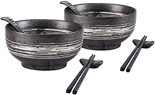 ARDOUR VAN Ramen Bowl Set with Spoons, Chopsticks, Rests (8 pc) - Professional Grade Porcelain,...