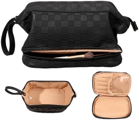 Abiudeng Large Makeup Bag,Double Layer Cosmetic Bag,Travel Makeup Bag,Leather Makeup Bag, Cosmetic...