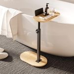Ackitry Bamboo Bathtub Tray Table with 17-32 inch Adjustable Height, Liftable Freestanding Bath...