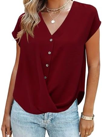 Aifer Womens Button Down Shirts Summer V Neck Cap Short Sleeve Dressy Casual Tops Twist Front...