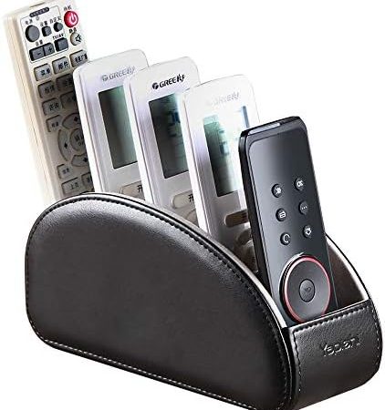 All-in-One Leather TV Remote Control Holder Black with 5 Compartments Nightstand Desktop DVD Media...