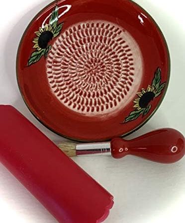 All-in-one 4pcs Premium Ceramic Garlic Grater Set - HandMade, Red Sunflower Design Grater Plate...