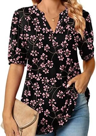 Anyally Womens Summer Puff Short Sleeve Tops Dressy Casual V-Neck T-Shirts Cute Blouse for Work