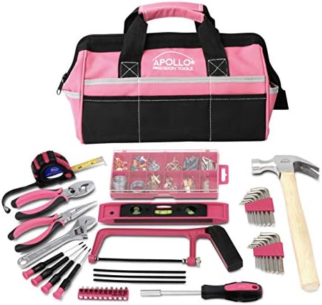 Apollo Tools 201 Piece Home Tool Set, Pink Tool Set Includes Hacksaw, Picture Hanging Assortment,...