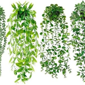 Artificial Hanging Plants for Shelf, 4 Pack Fake Potted Greenery Faux Eucalyptus Vine, Mandala Vine,...