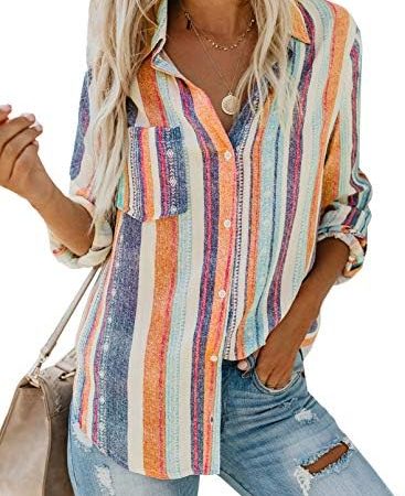 Astylish Womens V Neck Striped Roll up Sleeve Button Down Blouses Top