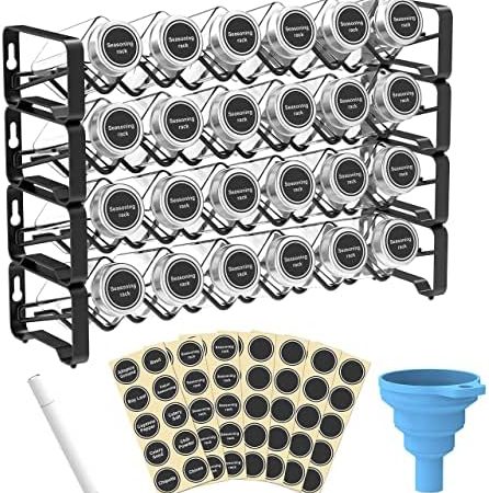 Auledio 4-Tier Stackable Spice Rack with 24 Glass, Seasoning Bottle Organizer with 80 Labels with...