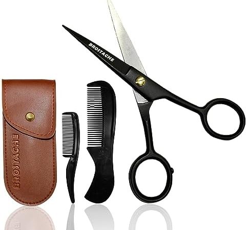 BROSTACHE 5" Beard & Mustache trimming Scissors for Men, 2 comb & Travel carrying Pouch, Hand forged...