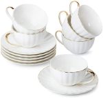 BTaT- Tea Cups and Saucers, Set of 6 (7 oz) with Gold Trim and Gift Box, Cappuccino Cups, Coffee Cup...