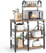 Bakers Rack, Kitchen Microwave Stand, 4 Tiers Kitchen Storage Rack Coffee Bar Table with Hooks,...