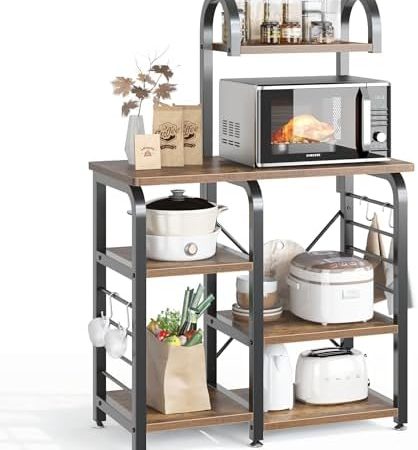 Bakers Rack, Kitchen Microwave Stand, 4 Tiers Kitchen Storage Rack Coffee Bar Table with Hooks,...