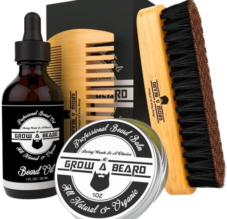 Beard Brush, Beard Comb, Beard Oil, & Beard Balm Grooming Kit for Men's Care, Travel Bamboo Facial...