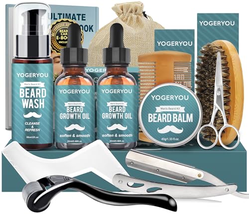 Beard Kit,Beard Grooming Kit W/Straight Razor,2 PACK Beard Oil,Beard Wash,Balm,Brush,Comb,Scissors...
