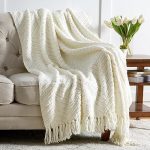 Bedsure Cream White Throw Blanket for Couch, Knit Woven Chenille Blanket Versatile for Twin Bed, 60...