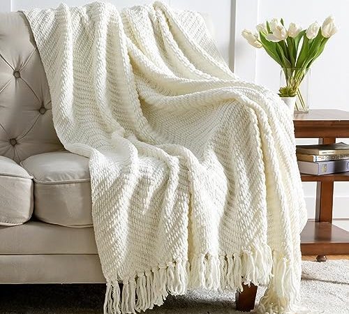 Bedsure Cream White Throw Blanket for Couch, Knit Woven Chenille Blanket Versatile for Twin Bed, 60...