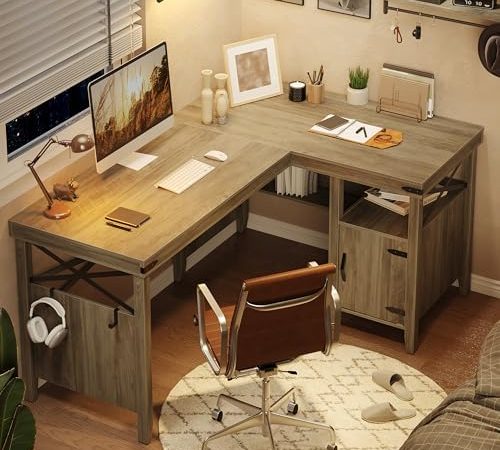 Bestier L Shaped Desk for Home Office, Farmhouse Computer Desk with Storage Cabinet, Office Desk...