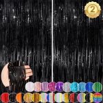 Black Fringe Curtain Party Streamers 2Pack 3.3x8.3 Ft Foil Fringe Backdrop Curtains for Birthday...