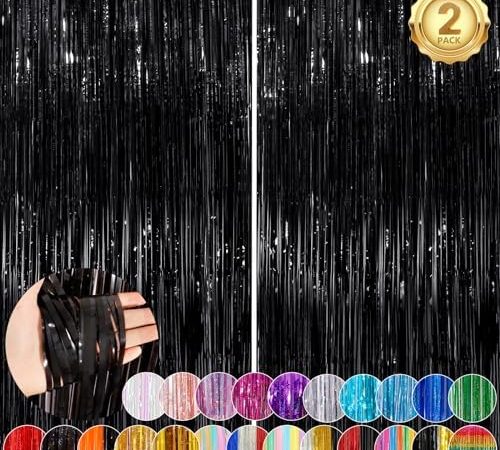 Black Fringe Curtain Party Streamers 2Pack 3.3x8.3 Ft Foil Fringe Backdrop Curtains for Birthday...
