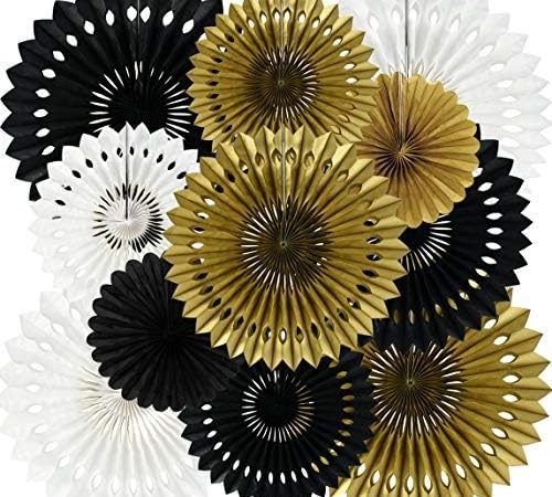Black Gold White Hanging Honeycomb Round Paper Fans Decoration Set for New Year Baby Shower Birthday...