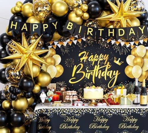 Black and Gold Birthday Decorations for Men Women, 71pcs Black and Gold Party Decorations with...