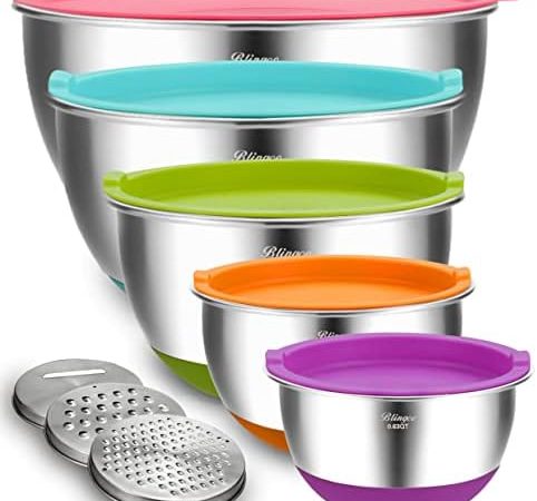 Blingco Mixing Bowls with Airtight Lids, Stainless Steel Metal Nesting Bowls Set of 5, Size 5, 3, 2,...