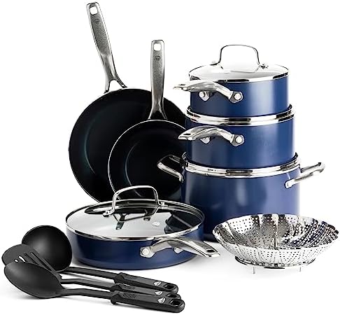 Blue Diamond Cookware Diamond Infused Ceramic Nonstick, 14 Piece Cookware Pots and Pans Set,...