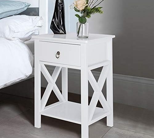 Bonnlo White Nightstand with Drawer and Shelf, Farmhouse Night Stands for Bedrooms Storage, End...