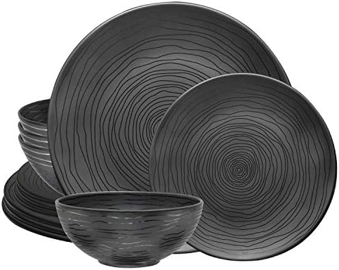 Bzyoo 12 Piece Melamine Dinnerware Set - Durable, Dishwasher Safe Organica Black Plates and Bowls...