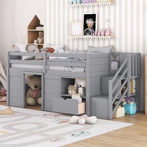 CHARMMA Twin Bed,Solid Wood Twin Size Low LOFT Bed with Stair,Drawer,and Shelf of Grey,Beds, Frames...