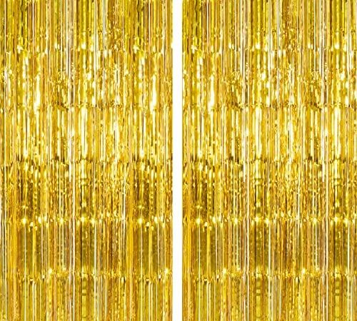 CHRORINE 2pcs 3ft x 8.3ft Gold Tinsel Foil Fringe Curtains Streamers Backdrop for Birthday...