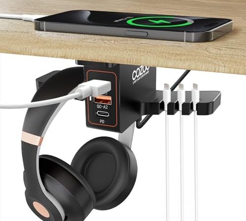 COZOO Headphone Stand with USB Charger Under Desk Headset Holder Mount with 3 Port USB Charging...