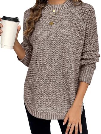 COZYEASE Women's Oversized Tunic Sweaters Long Sleeve Crewneck Slit Hem Pullover Tops Casual Fall...