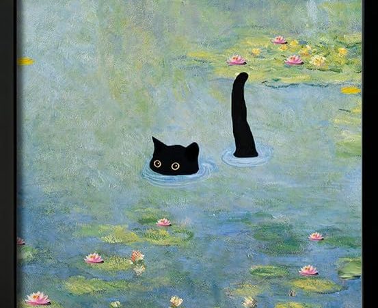 Cat Poster Monet Prints Vintage Posters Canvas Wall Art Funny Cat in Water Lilies Posters for Room...
