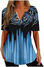 Ceboyel Women Floral Print Henley Shirts Button Down V Neck Sexy Causal Tops Short Sleeve Tunic...