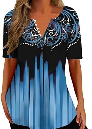 Ceboyel Women Floral Print Henley Shirts Button Down V Neck Sexy Causal Tops Short Sleeve Tunic...