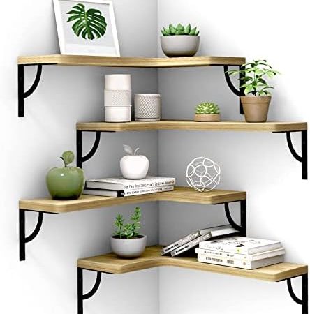 Corner Floating Shelves Wall Mounted Set of 4, Wood Display Storage Wall Shelves for Living Room,...