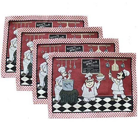 Cotton Linen Chef Placemats for Dining Table Set of 4 Red Washable Table Mats 13x19 Inch Rectangle