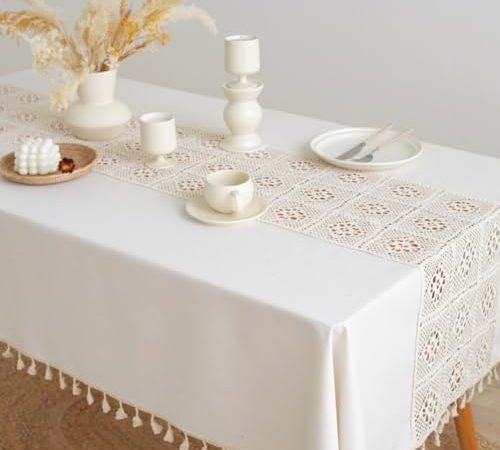 Cotton Linen Farmhouse Table Cloth, Kitchen Dinning Tabletop Decoration, Textured Crochet Table...