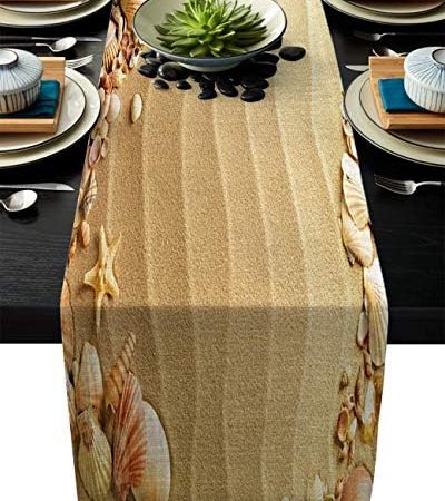 Cotton Linen Table Runner, Sandy Beach Seashells Dresser Scarves Non-Slip Burlap Rectangle Kitchen...