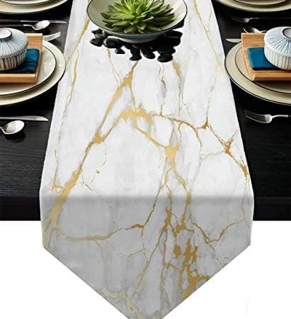 Cotton Linen Table Runner White and Gold Marble Texture Dresser Scarves Table Setting Decor for...