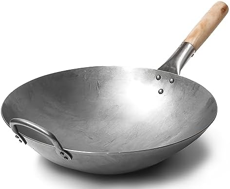 Craft Wok Traditional Hand Hammered Carbon Steel Pow Wok with Wooden and Steel Helper Handle (14...