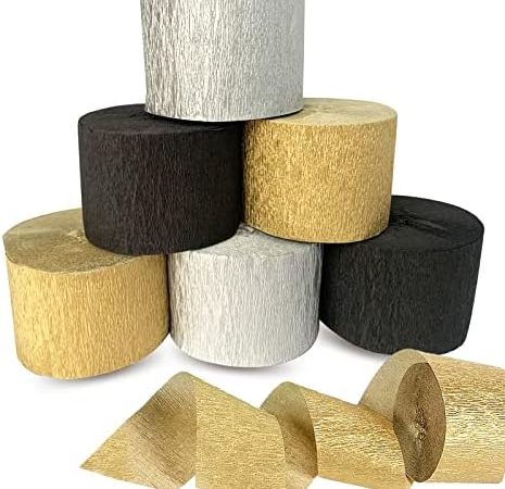 Crepe Paper Streamers 6 Rolls 492ft,Pack of 2 Gold, 2 Silver, 2 Black - Streamers Party Decorations...