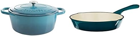 Crock-Pot Artisan Oval Enameled Cast Iron Dutch Oven and Skillet Set, 7-Quart and 8-Inch, Teal Ombre