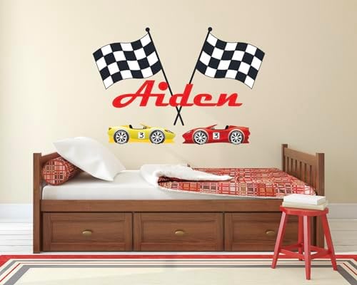 Custom Racing Name Wall Decal for Kids Bedroom Personalized Flags & Cars F1 Race Playroom Wall Decor...