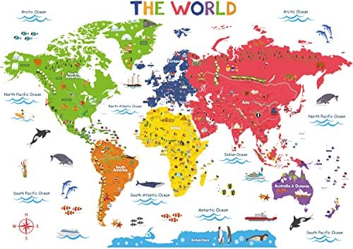 DECOWALL DL3-2212 XLarge World Map Kids Wall Stickers (59x40 inch) Decals Peel and Stick Removable...