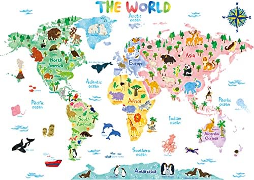 DECOWALL SG2-1615S Animal World Map Kids Wall Stickers Wall Decals Peel and Stick Removable Wall...